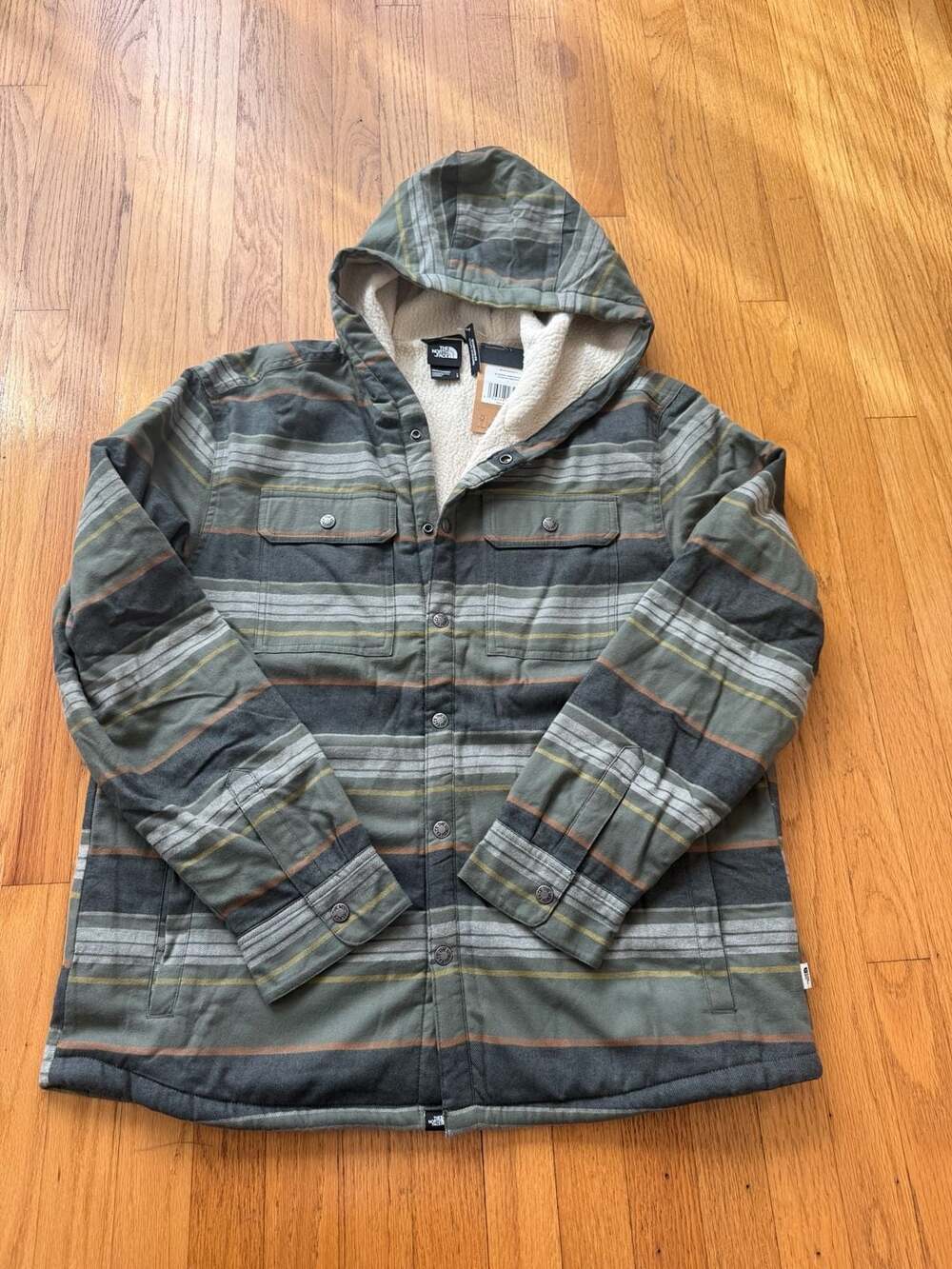 The North Face Hooded Campshire Shirt Jacket Size L Green Striped Shacket NWT